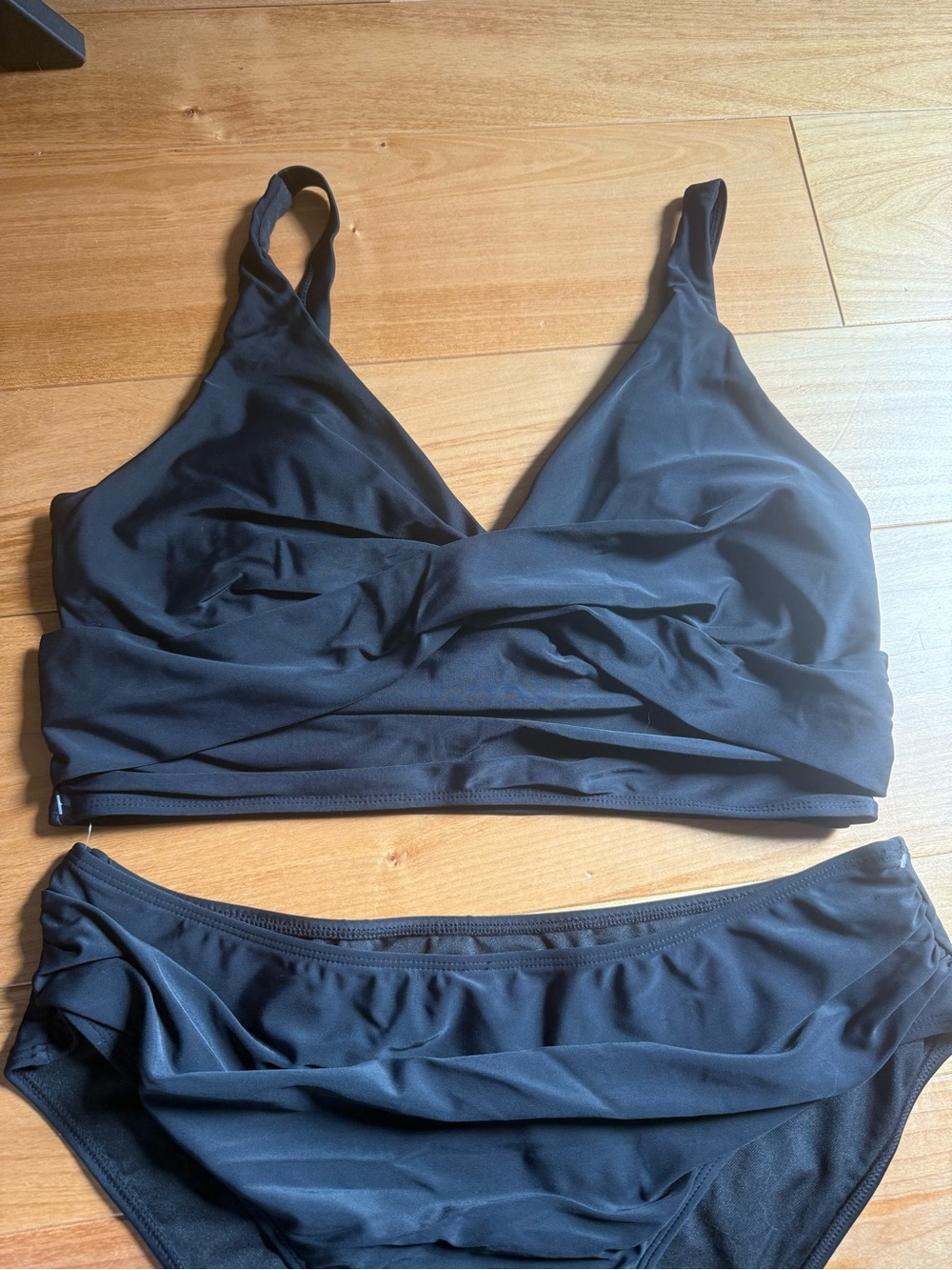 Black Ruched Two-Piece Swim Top and Bottoms